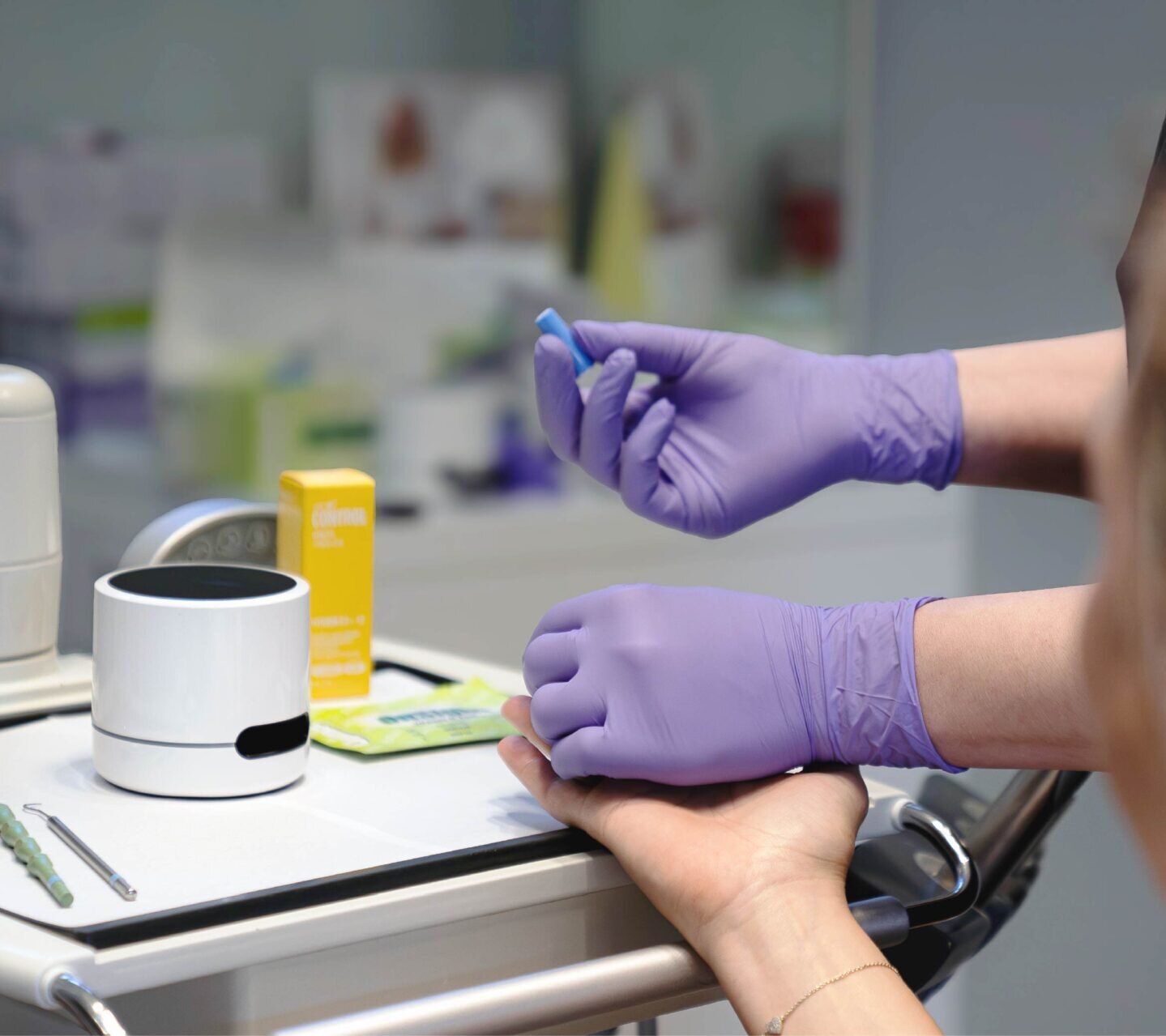Fingertip blood sample in a clinic